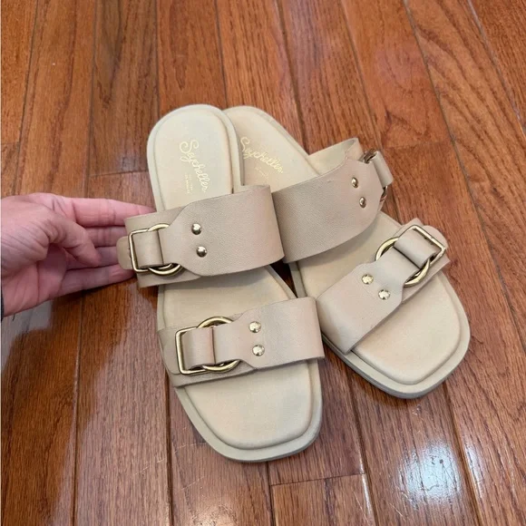 Seychelles Tan Leather Double Strap Slide Sandals Size 6 - Picture 4 of 4